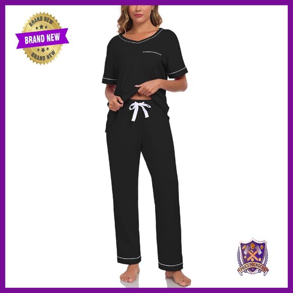 100% Cotton Pajama Set with Pockets V-Neck Drawstring Pants S-XXL